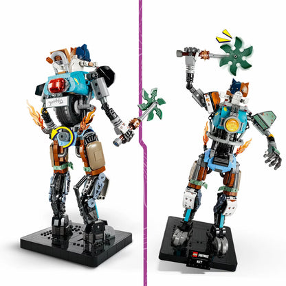 Front three-quarter view of the assembled colorful LEGO Fortnite KIT 77081 mech figure riding a motorcycle-style chassis with Power Claw, alongside a matching KIT minifigure on a neutral surface.