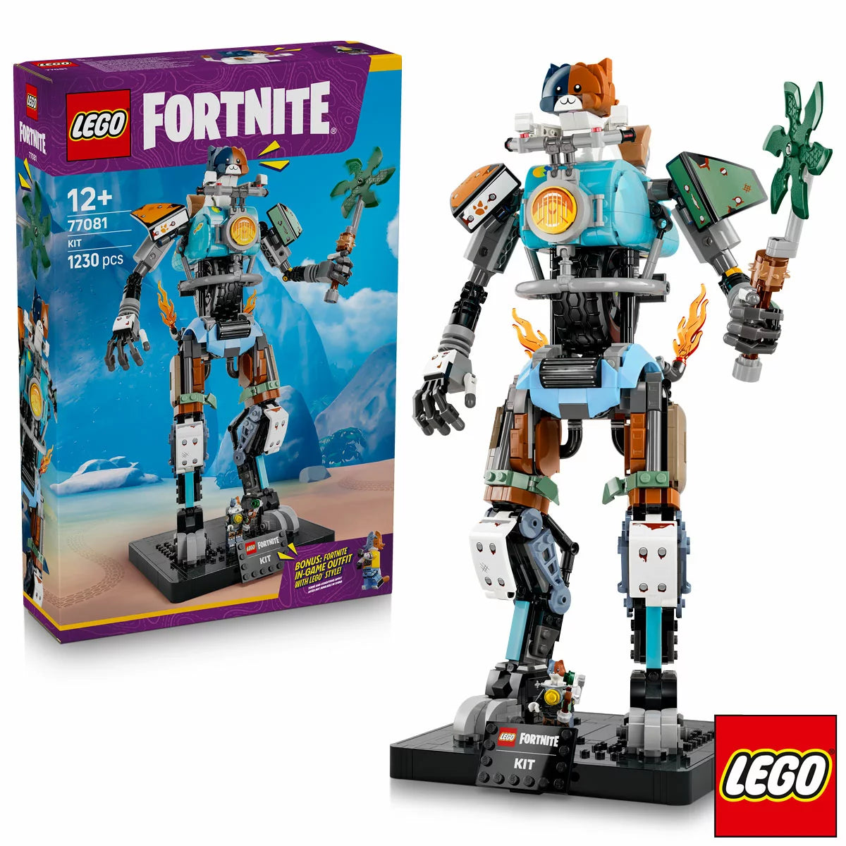 Front three-quarter view of the assembled colorful LEGO Fortnite KIT 77081 mech figure riding a motorcycle-style chassis with Power Claw, alongside a matching KIT minifigure on a neutral surface.
