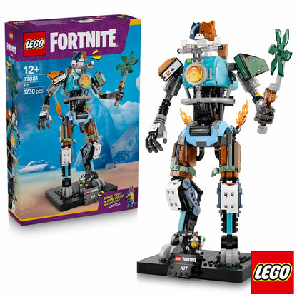 Front three-quarter view of the assembled colorful LEGO Fortnite KIT 77081 mech figure riding a motorcycle-style chassis with Power Claw, alongside a matching KIT minifigure on a neutral surface.