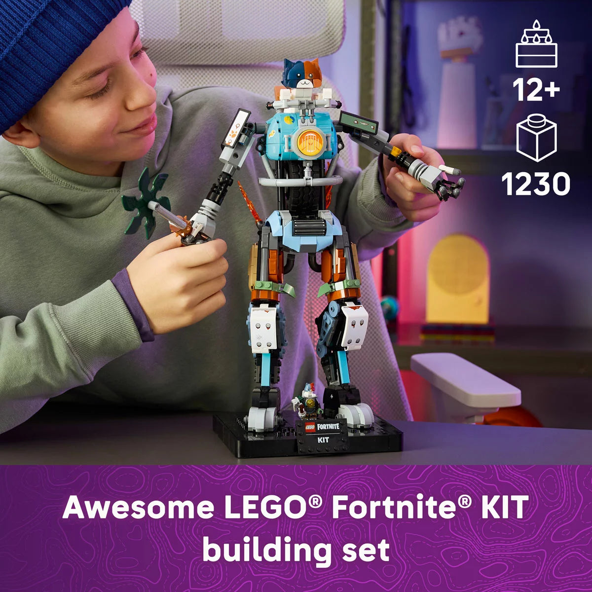 Front three-quarter view of the assembled colorful LEGO Fortnite KIT 77081 mech figure riding a motorcycle-style chassis with Power Claw, alongside a matching KIT minifigure on a neutral surface.
