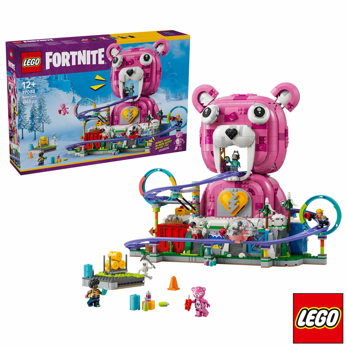 "LEGO Fortnite Rave Cave 77082 building set with rollercoaster and Cuddle Team Leader head"
