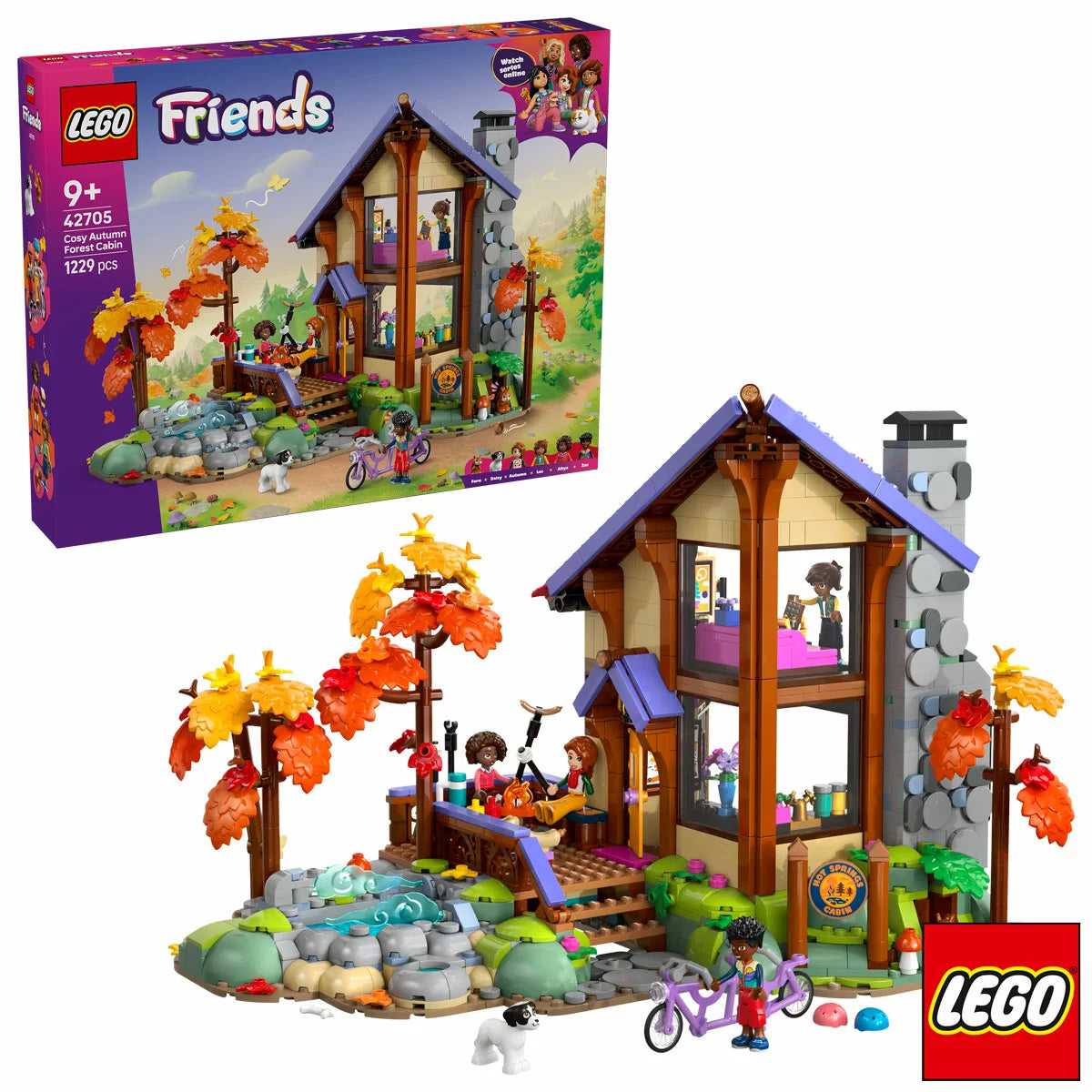 Front view of the LEGO Friends Cozy Fall Forest Cabin 42705 set showing warm autumn trees, a wooden-style house, a campfire area, and minidolls on a white display background.