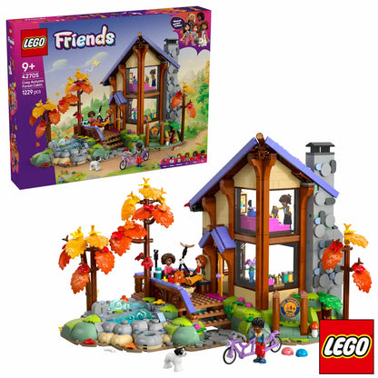 Front view of the LEGO Friends Cozy Fall Forest Cabin 42705 set showing warm autumn trees, a wooden-style house, a campfire area, and minidolls on a white display background.