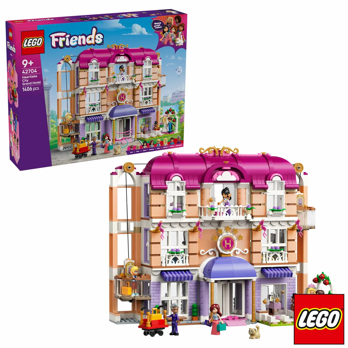 Front view of the built colorful multi-story LEGO Friends 42704 Grand Hotel featuring a purple roof, transparent balconies, and minidolls standing outside.