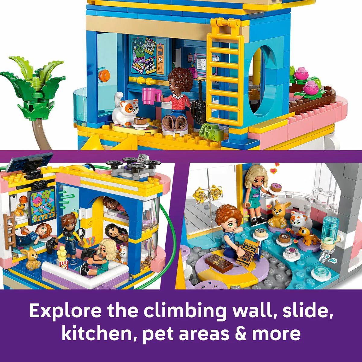 Front angle view of the colorful multi-story LEGO Friends Heartlake City Club House 42689 set featuring a red slide, zipline, climbing wall, five mini-dolls, and three pet figures on a clean white surface.