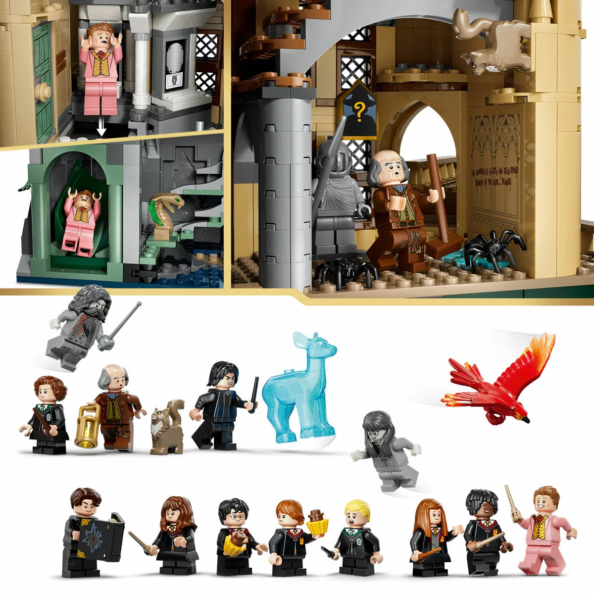 LEGO Harry Potter Hogwarts Castle East Wing model displayed on a table, featuring the bathroom slide, detailed interior rooms, and the Basilisk figure.