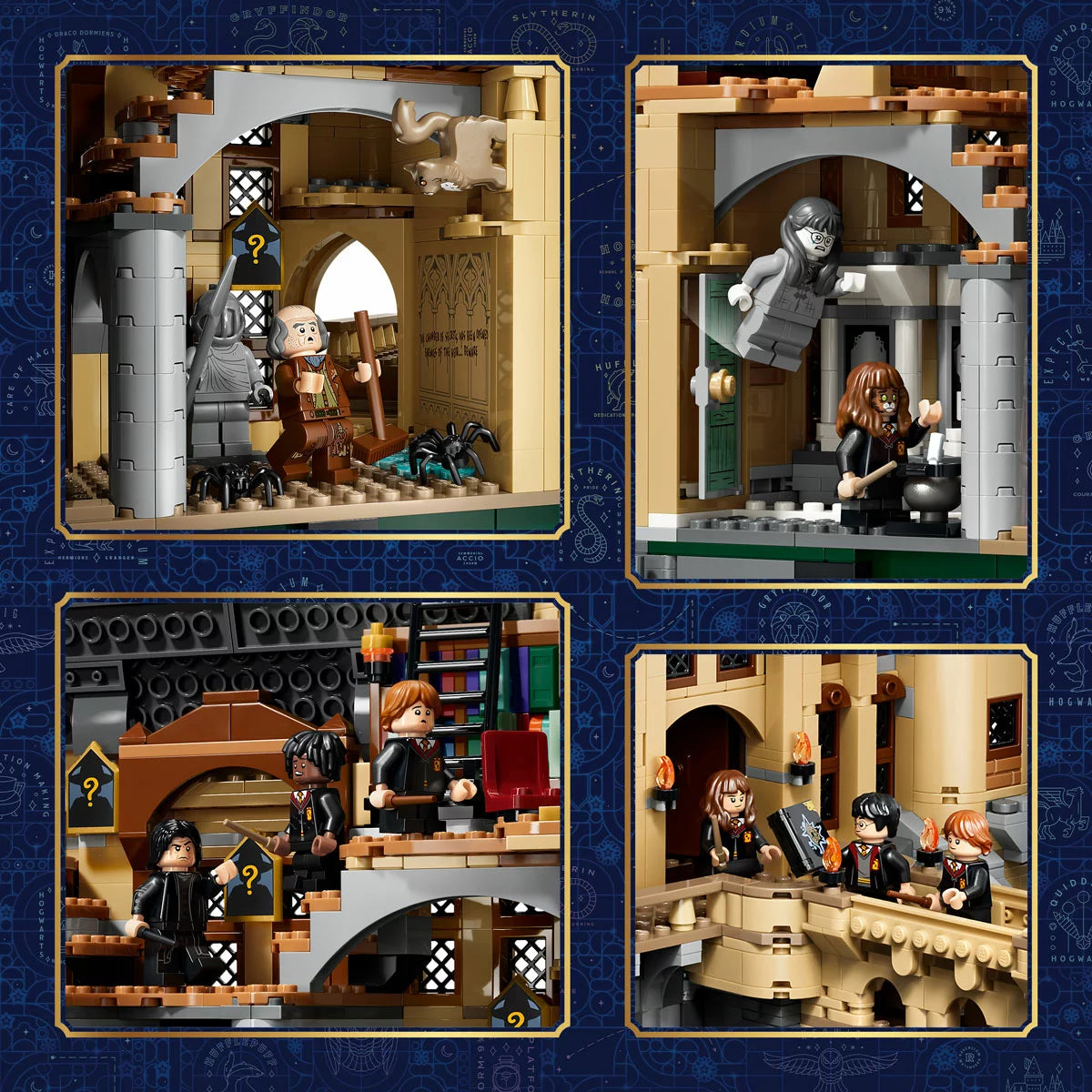 LEGO Harry Potter Hogwarts Castle East Wing model displayed on a table, featuring the bathroom slide, detailed interior rooms, and the Basilisk figure.