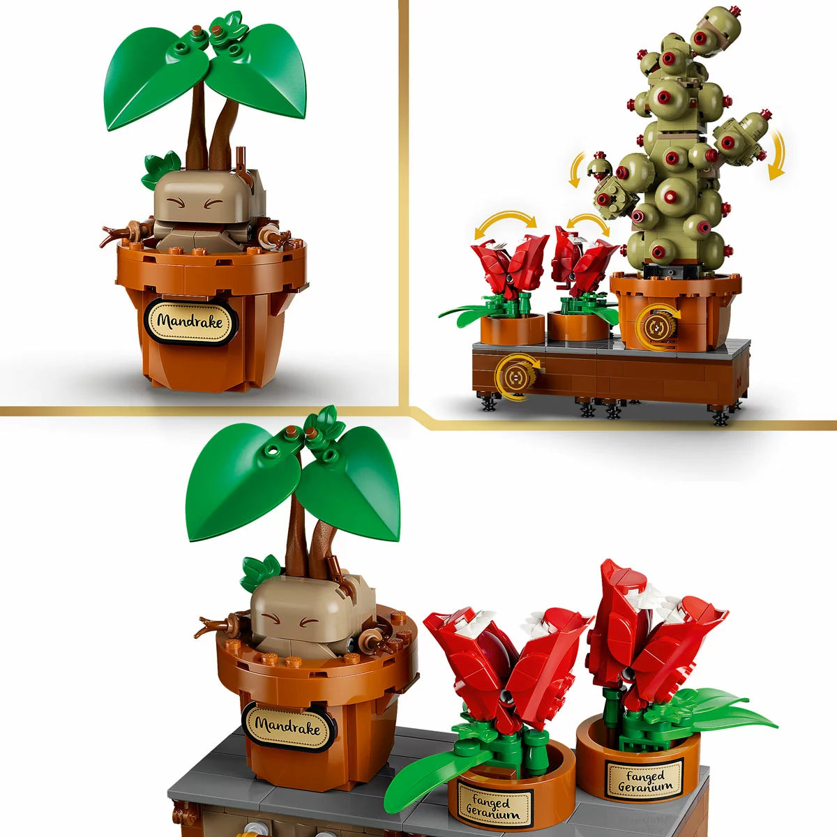ye-level view of three brick-built LEGO Harry Potter Herbology Plants 76474—a Mandrake, Fanged Geranium, and Mimbulus Mimbletonia—arranged on a brown display table with green vines and yellow earmuffs against a neutral backdrop.