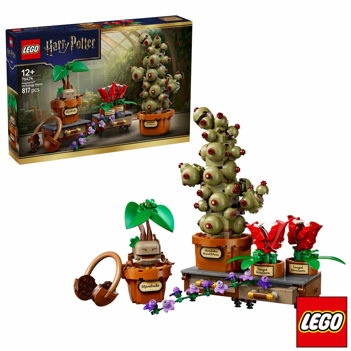 ye-level view of three brick-built LEGO Harry Potter Herbology Plants 76474—a Mandrake, Fanged Geranium, and Mimbulus Mimbletonia—arranged on a brown display table with green vines and yellow earmuffs against a neutral backdrop.
