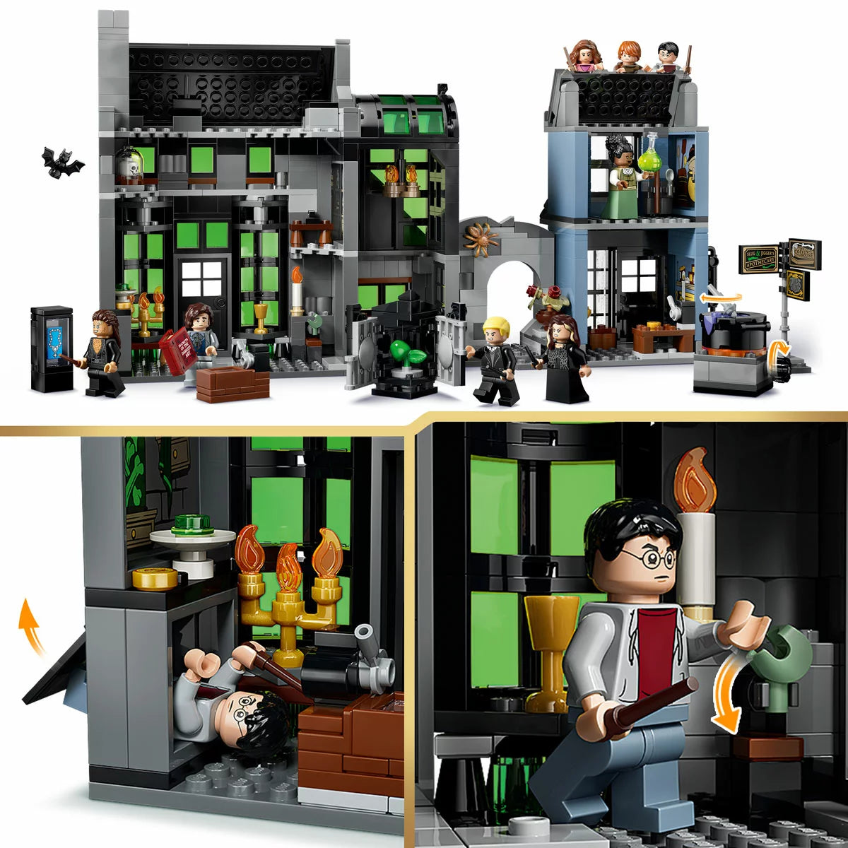 Front view of the LEGO Harry Potter Knockturn Alley 76471 featuring Borgin and Burkes connected by a stone archway to Potage's Cauldron Shop with eight minifigures arranged in front.