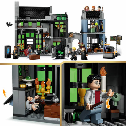 Front view of the LEGO Harry Potter Knockturn Alley 76471 featuring Borgin and Burkes connected by a stone archway to Potage's Cauldron Shop with eight minifigures arranged in front.