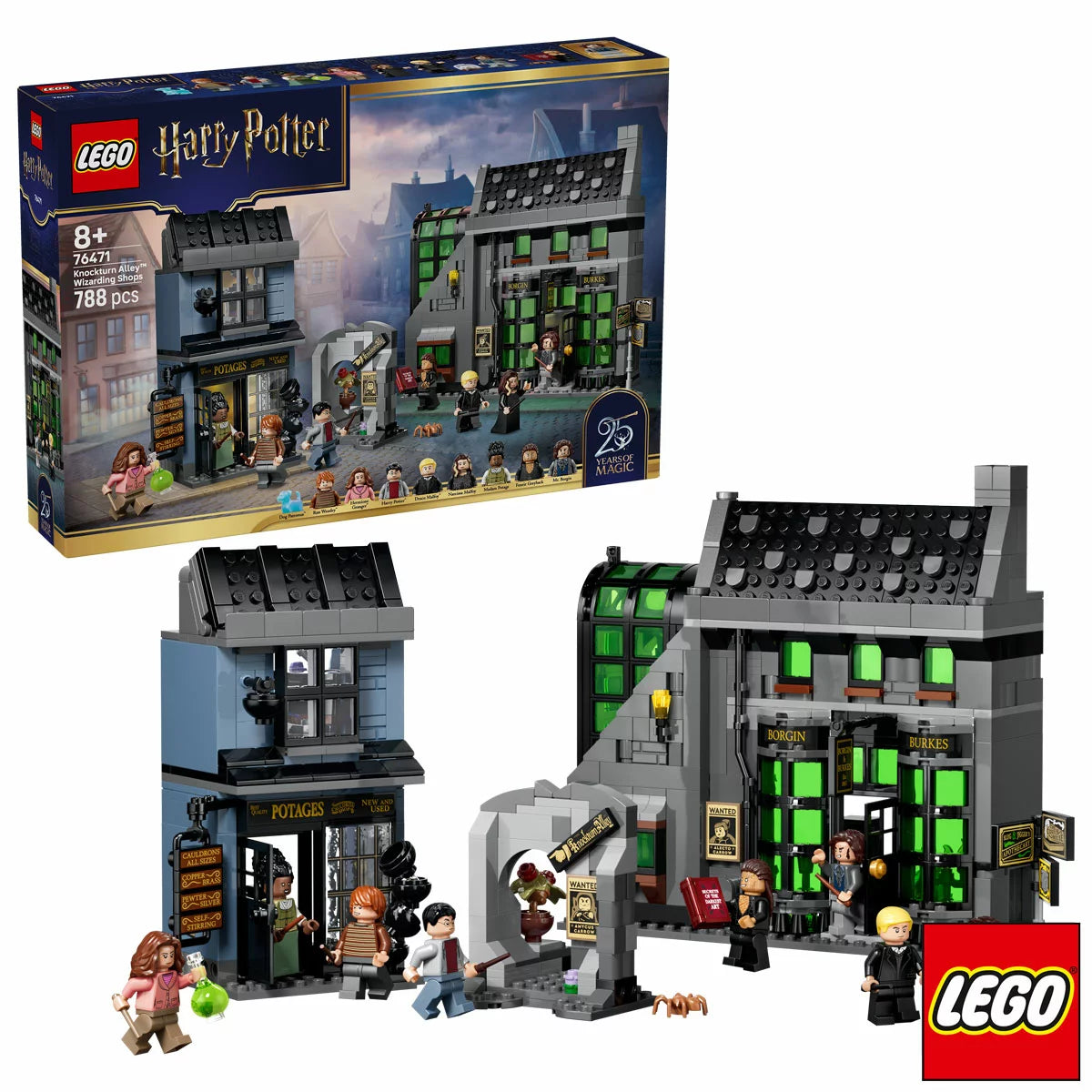 Front view of the LEGO Harry Potter Knockturn Alley 76471 featuring Borgin and Burkes connected by a stone archway to Potage's Cauldron Shop with eight minifigures arranged in front.