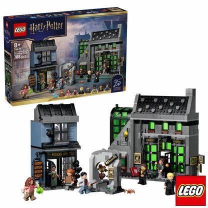 Front view of the LEGO Harry Potter Knockturn Alley 76471 featuring Borgin and Burkes connected by a stone archway to Potage's Cauldron Shop with eight minifigures arranged in front.