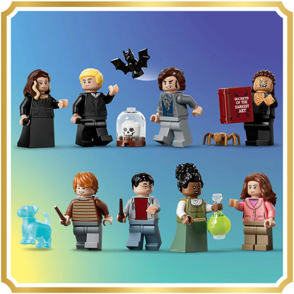 Front view of the LEGO Harry Potter Knockturn Alley 76471 featuring Borgin and Burkes connected by a stone archway to Potage's Cauldron Shop with eight minifigures arranged in front.