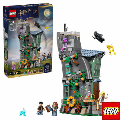 Front three-quarter angle of the eccentric cylindrical LEGO Harry Potter Luna Lovegood's House 76467 set displayed with five minifigures and a glowing light brick effect on a plain background.