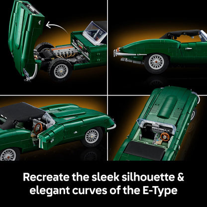 Three-quarter angle of built British green LEGO Icons Jaguar E-Type model car with wire-style wheels and dark interior on a dark wooden display surface.