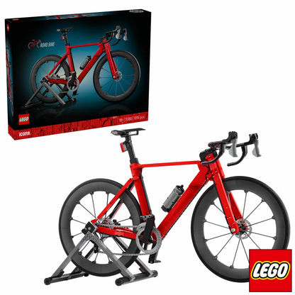 Three-quarter visual of the built LEGO Icons 11380 road racing bicycle model secured on its black paddock stand, showing the silver drive chain and rubber tires.