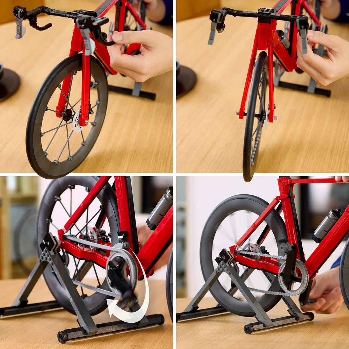 Three-quarter visual of the built LEGO Icons 11380 road racing bicycle model secured on its black paddock stand, showing the silver drive chain and rubber tires.