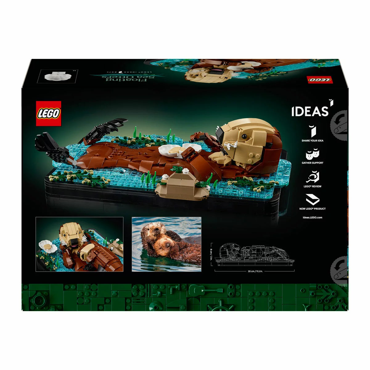 Side view of the built LEGO Ideas 21366 floating sea otters model featuring a brown mother otter holding a pup on its belly across a blue brick water base.