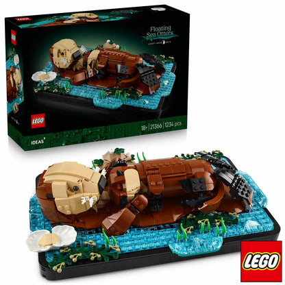 Side view of the built LEGO Ideas 21366 floating sea otters model featuring a brown mother otter holding a pup on its belly across a blue brick water base.