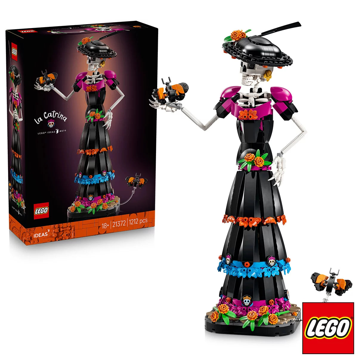 LEGO Ideas La Catrina model figure standing on a marigold-covered base wearing a wide-brimmed hat with colorful skull prints and orange flowers.