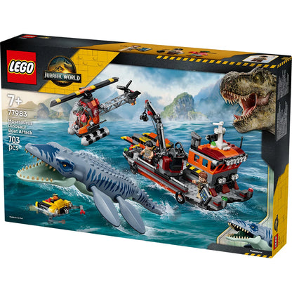 LEGO Jurassic World Mosasaurus model set 77983 featuring a large blue-grey dinosaur attacking a cargo boat with helicopter and three minifigures on a plain background.