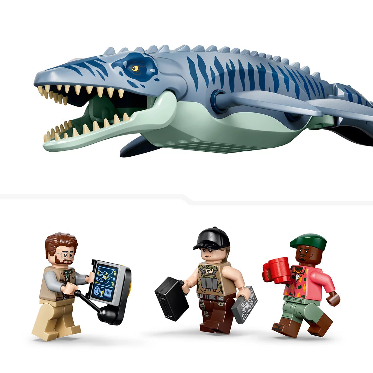 LEGO Jurassic World Mosasaurus model set 77983 featuring a large blue-grey dinosaur attacking a cargo boat with helicopter and three minifigures on a plain background.