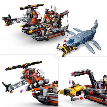 LEGO Jurassic World Mosasaurus model set 77983 featuring a large blue-grey dinosaur attacking a cargo boat with helicopter and three minifigures on a plain background.