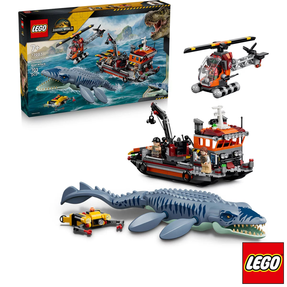 LEGO Jurassic World Mosasaurus model set 77983 featuring a large blue-grey dinosaur attacking a cargo boat with helicopter and three minifigures on a plain background.