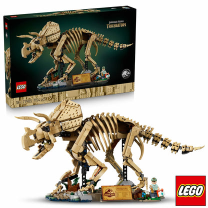 Side profile of the LEGO Jurassic World Triceratops Fossil 77985 skeletal model standing on a Cretaceous display base with ancient plants, an info plaque, and a Dr. Gerry Harding minifigure against a neutral dark backdrop.
