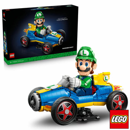 Three-quarter overhead shot of the large built blue and yellow LEGO 72050 Mach 8 racing kart with Luigi sitting inside, angled on a black display stand.