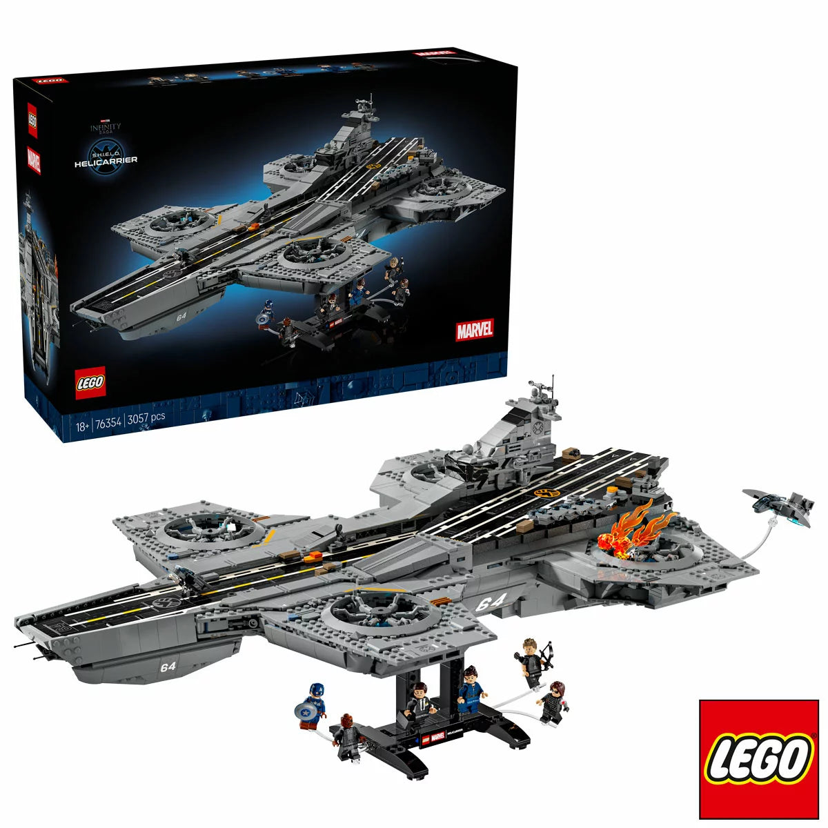 Large LEGO Marvel SHIELD Helicarrier 76354 display model with grey flight runways, dual turbine engines, micro Quinjets, and six minifigures lined up on a dark surface.
