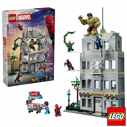 Front angle view of the LEGO Marvel Spider-Man vs. Hulk Epic Clash set showing the exploding office wall structure, Hulk big figure, and Spider-Man suspended on a clear rod.