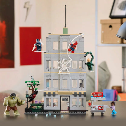 Front angle view of the LEGO Marvel Spider-Man vs. Hulk Epic Clash set showing the exploding office wall structure, Hulk big figure, and Spider-Man suspended on a clear rod.