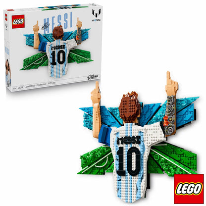 Front view of the built LEGO 43018 3D wall art portrait showing Lionel Messi in a blue and white striped jersey pointing at the sky.