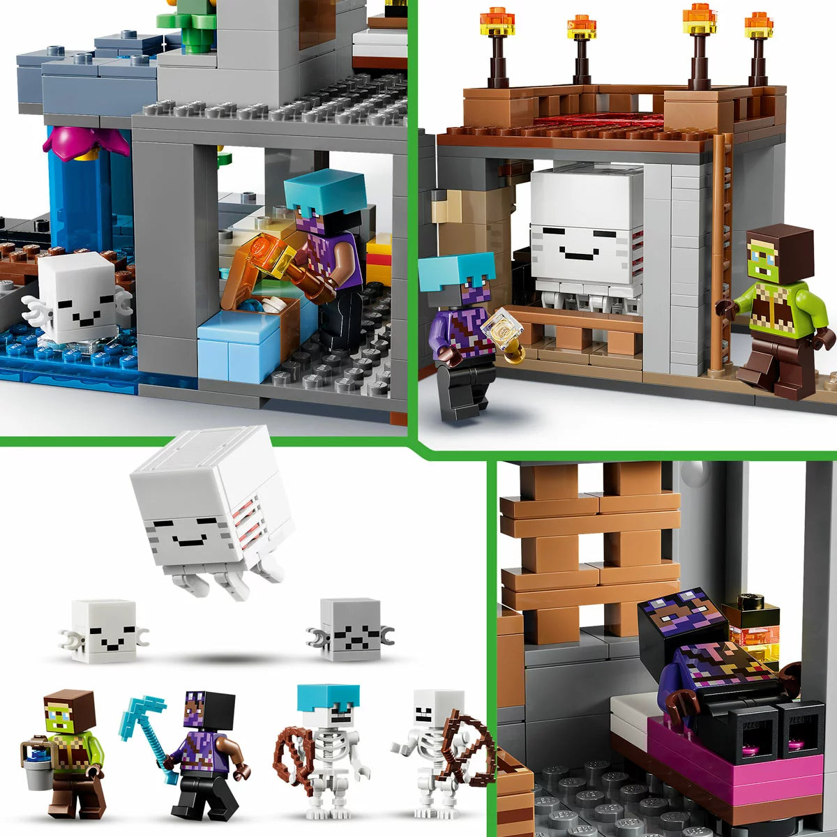 Front angle view of the LEGO Minecraft Ghast Station 21597 set featuring a blue waterfall, cave architecture, skeleton minifigures, and the white brick-built ghast blimp.