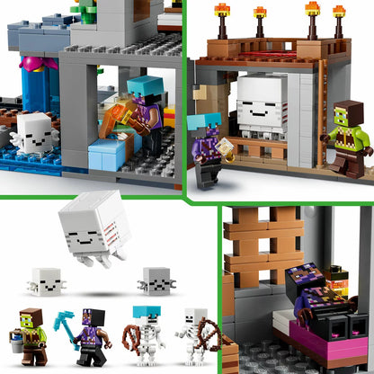 Front angle view of the LEGO Minecraft Ghast Station 21597 set featuring a blue waterfall, cave architecture, skeleton minifigures, and the white brick-built ghast blimp.