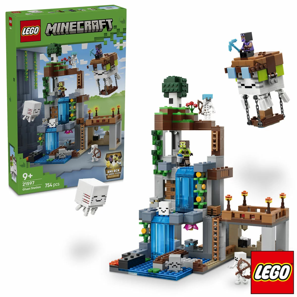 Front angle view of the LEGO Minecraft Ghast Station 21597 set featuring a blue waterfall, cave architecture, skeleton minifigures, and the white brick-built ghast blimp.