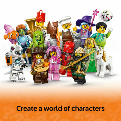 Close-up visual of a sealed cardboard LEGO Series 29 71052 mystery box sitting vertically on a light surface showing character silhouettes.