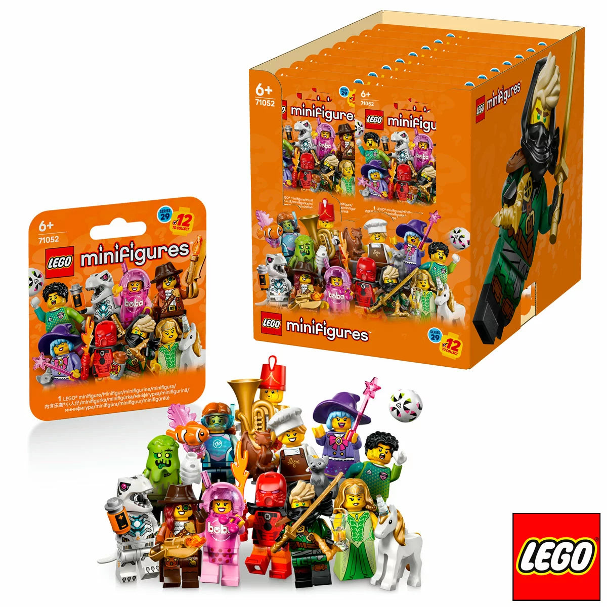 Close-up visual of a sealed cardboard LEGO Series 29 71052 mystery box sitting vertically on a light surface showing character silhouettes.