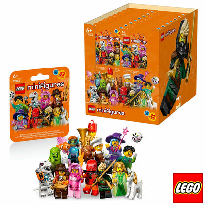 Close-up visual of a sealed cardboard LEGO Series 29 71052 mystery box sitting vertically on a light surface showing character silhouettes.