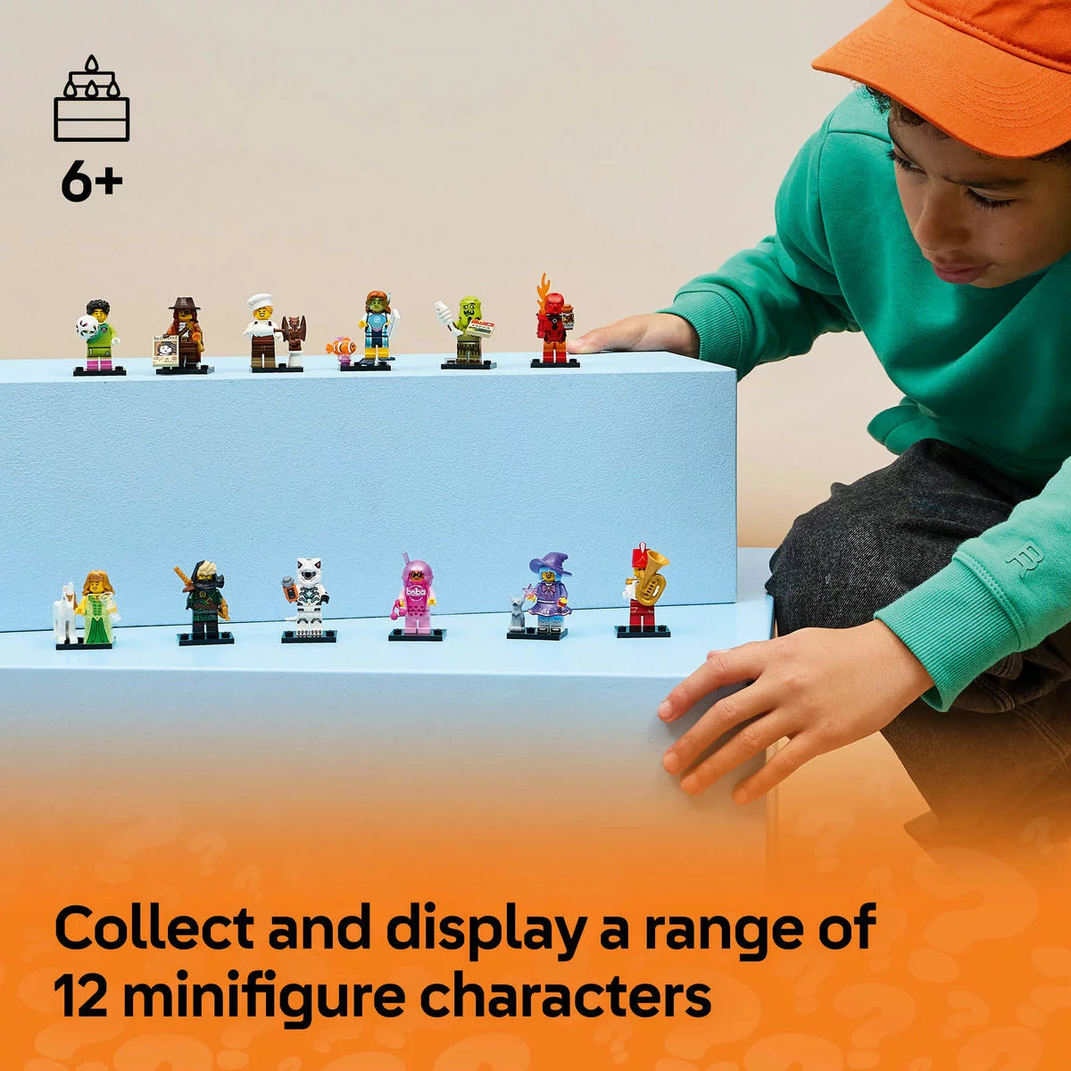 Close-up visual of a sealed cardboard LEGO Series 29 71052 mystery box sitting vertically on a light surface showing character silhouettes.