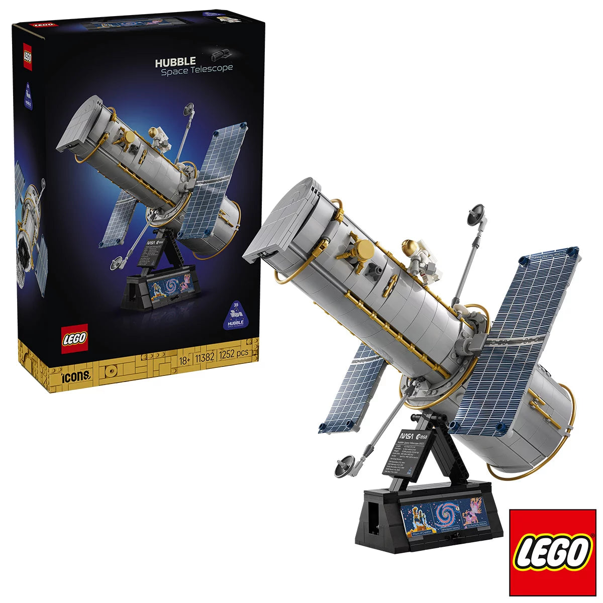 LEGO Icons NASA Hubble Space Telescope model mounted on its display stand alongside an astronaut minifigure and informative plaque.