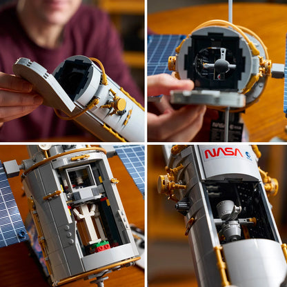 LEGO Icons NASA Hubble Space Telescope model mounted on its display stand alongside an astronaut minifigure and informative plaque.