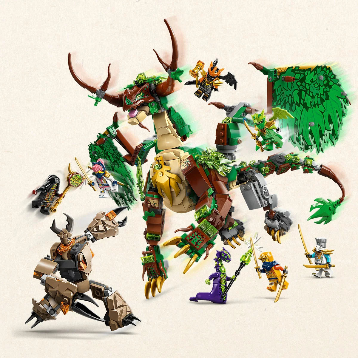 Dynamic front three-quarter view of the green LEGO Ninjago Dragon of Life 71859 with spread wings, accompanied by eight minifigures and a dark villain mech on a neutral background.