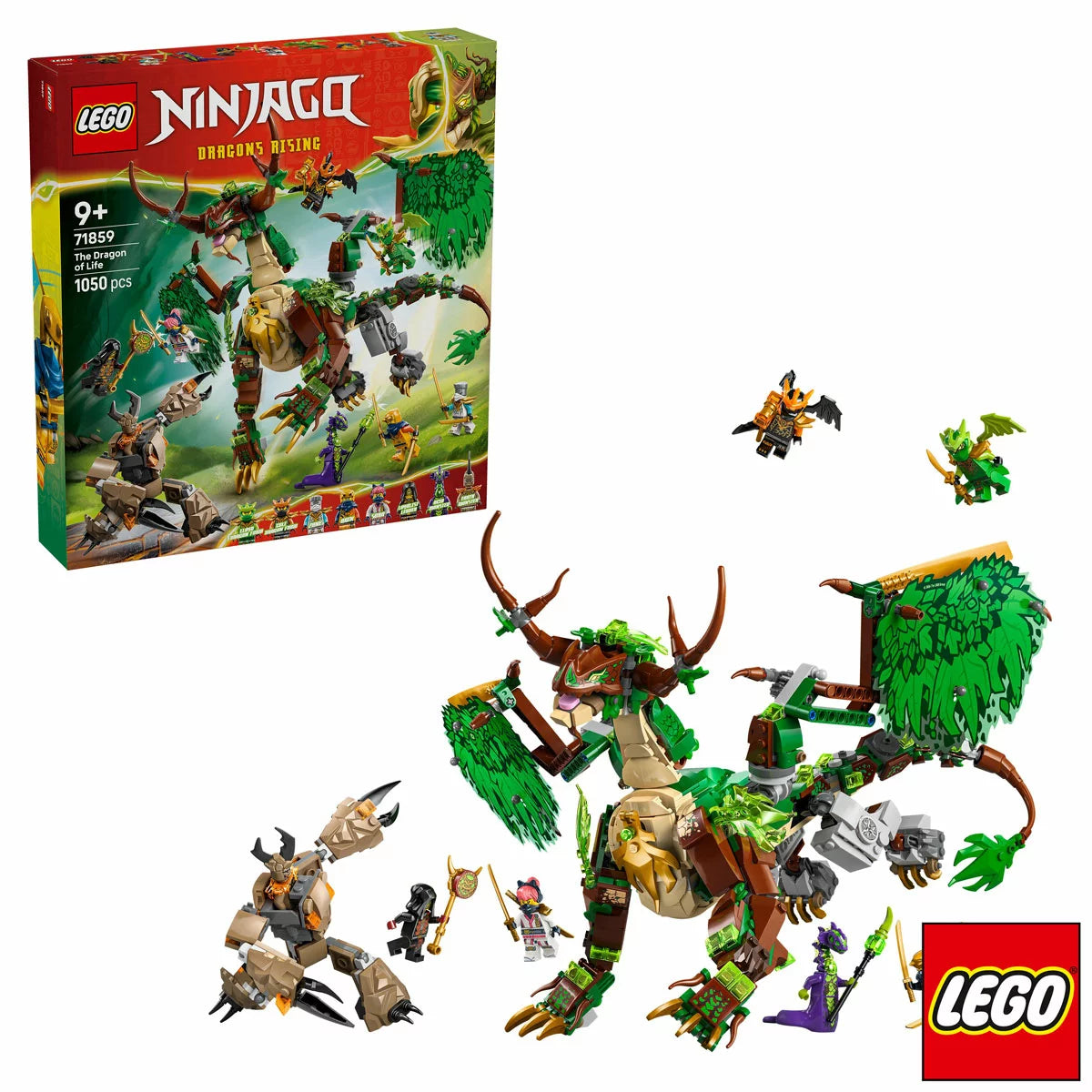 Dynamic front three-quarter view of the green LEGO Ninjago Dragon of Life 71859 with spread wings, accompanied by eight minifigures and a dark villain mech on a neutral background.
