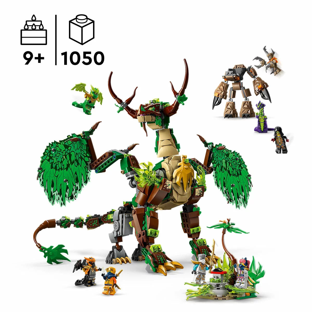 Dynamic front three-quarter view of the green LEGO Ninjago Dragon of Life 71859 with spread wings, accompanied by eight minifigures and a dark villain mech on a neutral background.