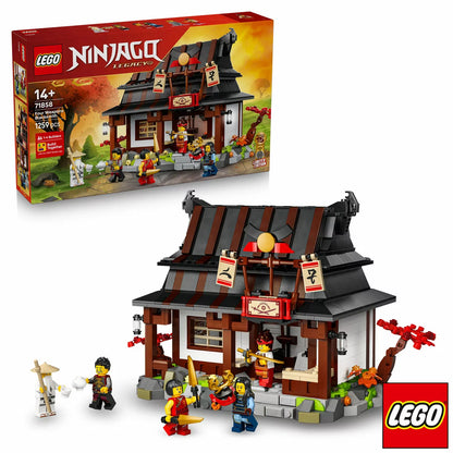 Three-quarter front view of the opened LEGO Ninjago Four Weapons Blacksmith 71858 set showing the detailed interior forge, weapons rack, upper bedroom, and six minifigures arranged on a grey surface.
