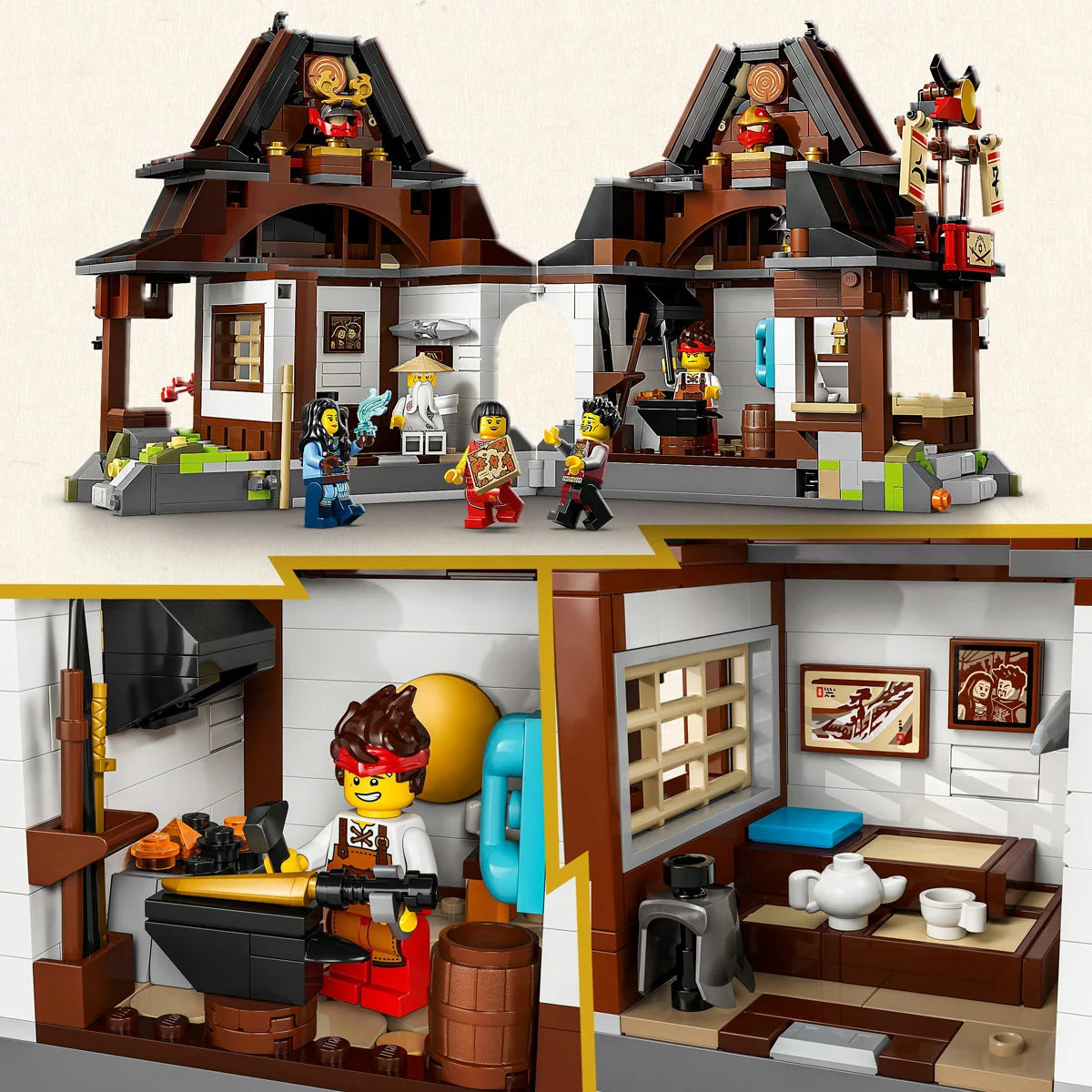 Three-quarter front view of the opened LEGO Ninjago Four Weapons Blacksmith 71858 set showing the detailed interior forge, weapons rack, upper bedroom, and six minifigures arranged on a grey surface.