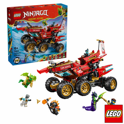Three-quarter studio view of the built LEGO Ninjago 71869 Land Bounty truck showing its six large gold wheels, blue flags, and detachable flying ship module splitting from the chassis.